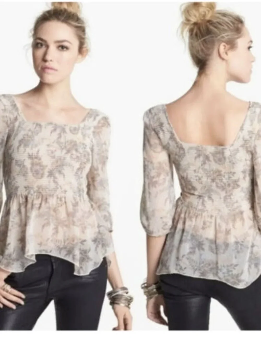 Free People Women’s Blouse Floral Print Smocked Boho, ¾ Sleeve, Size M, NWOT